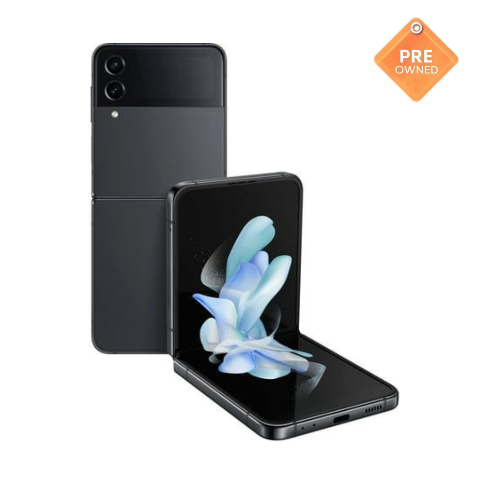 Pre-owned Samsung Galaxy Z Flip4 with foldable display, clean screen, and dual-camera setup.
