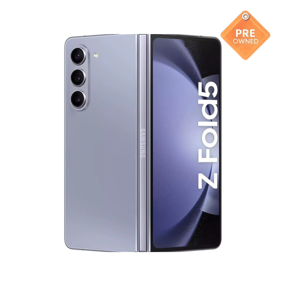 Pre-owned Samsung Galaxy Z Fold5 with foldable display, clean screen, and triple-camera setup.