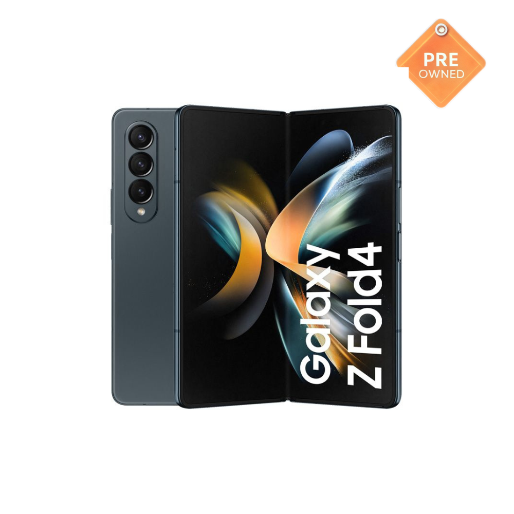 Pre-owned Samsung Galaxy Z Fold4 in Phantom Black with foldable display, clean screen, and multi-camera setup.